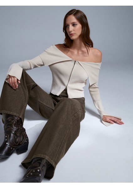 60252 Fermuarlı Fitilli Triko Top-Açık Bej indirimleri