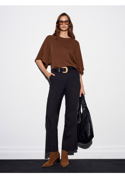 72201 Düz Kesim Kumaş Pantolon-Siyah