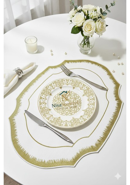 6 Adet Simli Nakışlı Keten Amerikan Servis - Keten Supla