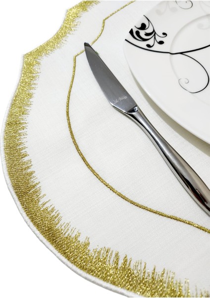 6 Adet Simli Nakışlı Keten Amerikan Servis - Keten Supla