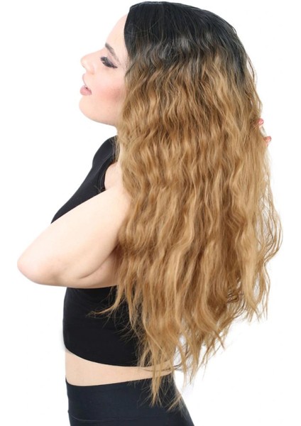Kabarık Dalgalı Uzun Fiber Sentetik Peruk - Siyah / Karamel Ombreli modelleri