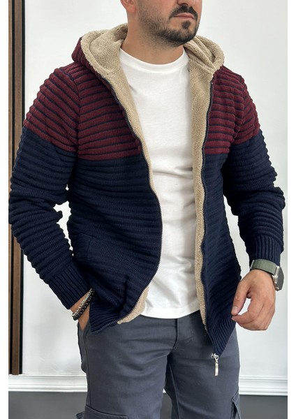 Erkek Içi Kürklü Kapüşonlu Fermuarlı Çift Renk Triko Hırka Lacivert T741