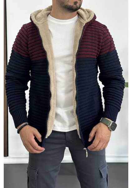 Erkek Içi Kürklü Kapüşonlu Fermuarlı Çift Renk Triko Hırka Lacivert T741 fiyatları