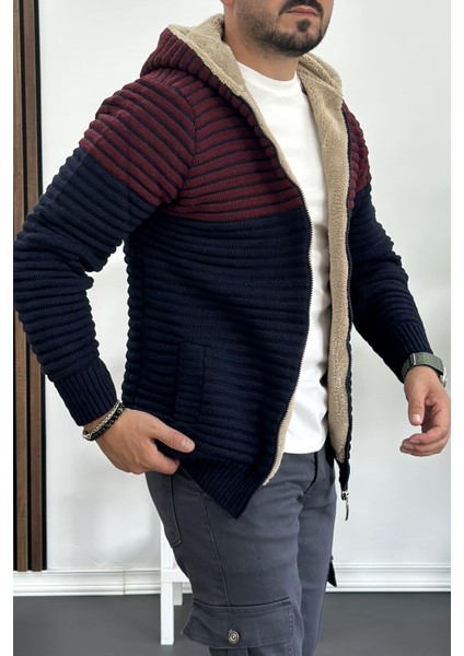 Erkek Içi Kürklü Kapüşonlu Fermuarlı Çift Renk Triko Hırka Lacivert T741 modelleri