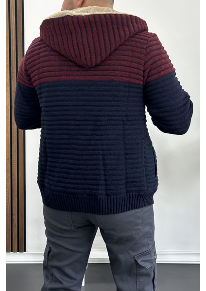 Erkek Içi Kürklü Kapüşonlu Fermuarlı Çift Renk Triko Hırka Lacivert T741 fırsatları