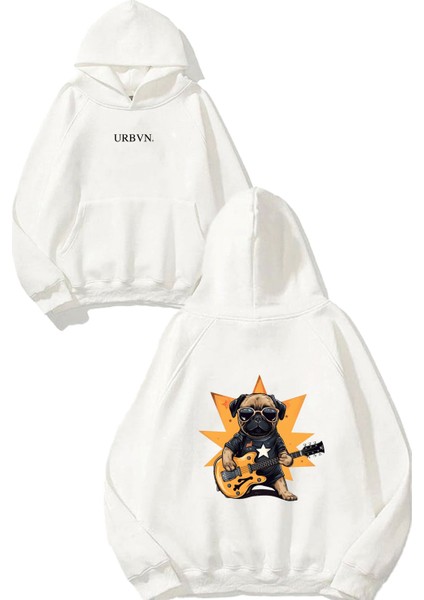 Pug 1 Tasarım Baskılı Oversize Beyaz Kapüşonlu Sweatshirt