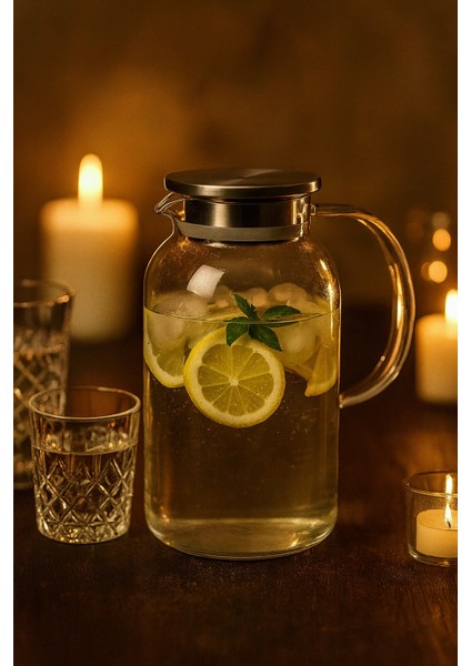 Premium 1.5 Lt Borosilikat Cam Sürahi – Metal Kapaklı Şık Karaf