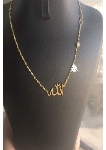 925 Ayar Gümüş 24 Ayar Altın Kaplama Sonsuzluk, Yonca ve Nazar Boncuklu Allah Lafzı Kolye