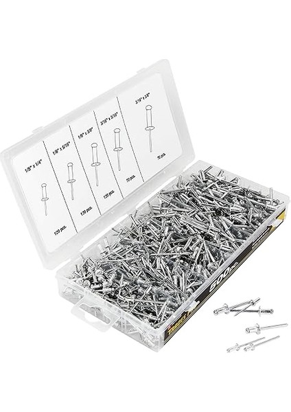 836341 Alüminyum Perçin Assortment, 500 Parça, Çoklu Sizes