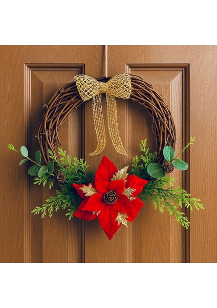 30CM Premium Asma Dalları ,okaliptüs ve Ponsetya Çiçeği Detaylı Yılbaşı Kapı, Duvar Dekorasyon