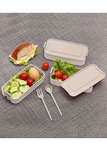 Home 1260 ml 3 Katlı 6 Bölmeli Bpa'sız Pp Plastik Sefer Taşıma ve Beslenme Çantası, Kilitli Bento Lunch Box, Mikrodalgaya Uygun, Çatal ve Kaşık Dahil (Krem) fiyatları