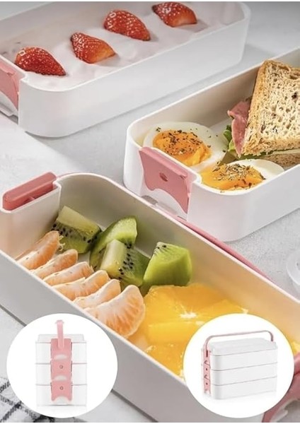Home 1260 ml 3 Katlı 6 Bölmeli Bpa'sız Pp Plastik Sefer Taşıma ve Beslenme Çantası, Kilitli Bento Lunch Box, Mikrodalgaya Uygun, Çatal ve Kaşık Dahil (Krem) modelleri
