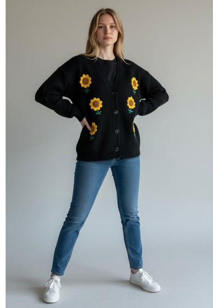 Şardonlu Pamuklu Çiçek Motifli Hırka