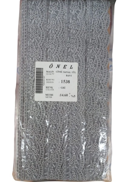 Dantel Polyester Sanal Tül Bant Gri 14,60 Metre En 3 cm ON-1538-G