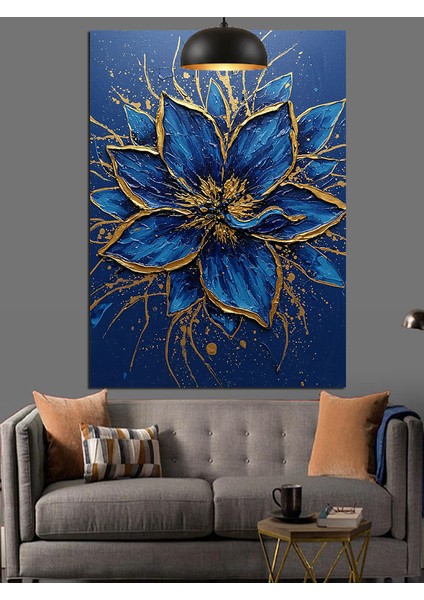 Mavi Altın Işıltılı Soyut Çiçek Kompozisyonu Dekoratif Kanvas - Mdf Ahşap Tablo
