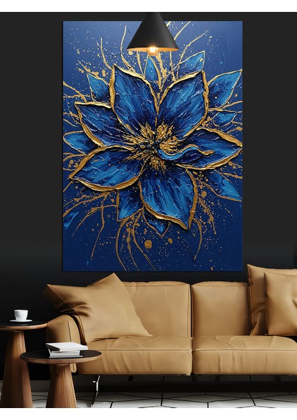 Mavi Altın Işıltılı Soyut Çiçek Kompozisyonu Dekoratif Kanvas - Mdf Ahşap Tablo modelleri