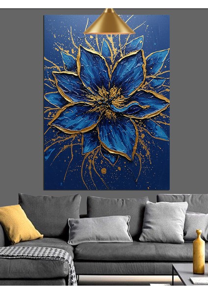 Mavi Altın Işıltılı Soyut Çiçek Kompozisyonu Dekoratif Kanvas - Mdf Ahşap Tablo fırsatları