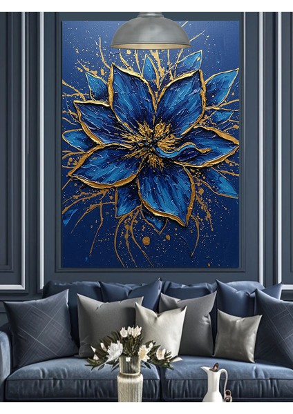 Mavi Altın Işıltılı Soyut Çiçek Kompozisyonu Dekoratif Kanvas - Mdf Ahşap Tablo indirimleri