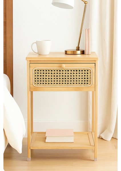 Bambu Rattan Komodin | Tek Çekmeceli Doğal Ahşap Yan Sehpa Dekoratif 36X34X58 cm
