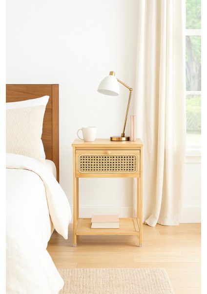 Bambu Rattan Komodin | Tek Çekmeceli Doğal Ahşap Yan Sehpa Dekoratif 36X34X58 cm fiyatları