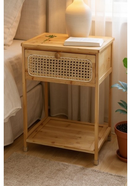 Bambu Rattan Komodin | Tek Çekmeceli Doğal Ahşap Yan Sehpa Dekoratif 36X34X58 cm modelleri