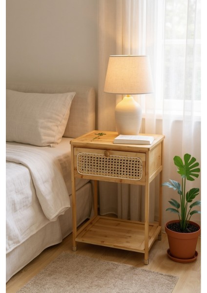 Bambu Rattan Komodin | Tek Çekmeceli Doğal Ahşap Yan Sehpa Dekoratif 36X34X58 cm fırsatları