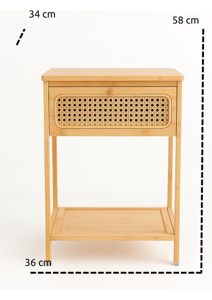 Bambu Rattan Komodin | Tek Çekmeceli Doğal Ahşap Yan Sehpa Dekoratif 36X34X58 cm indirimleri