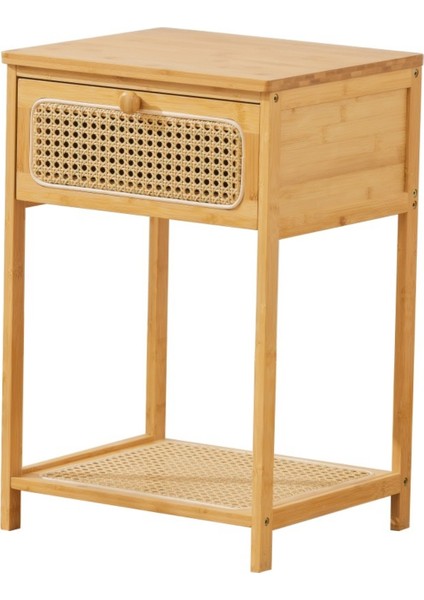 Bambu Rattan Komodin | Tek Çekmeceli Doğal Ahşap Yan Sehpa Dekoratif 36X34X58 cm