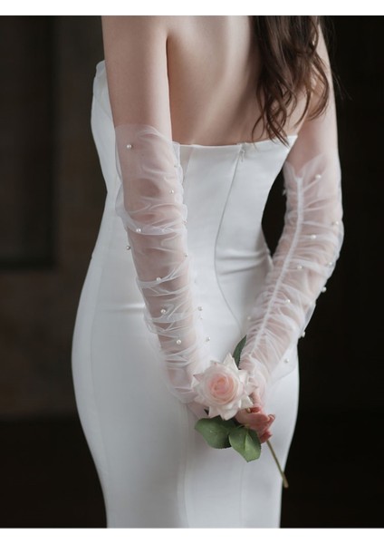 Büzgü Kolluk Lastikli Incili Gelin Eldiveni 1 Çift Esnek Tül Kolluk Kısa Nikah Eldiveni