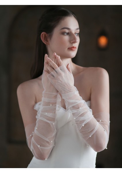 Büzgü Kolluk Lastikli Incili Gelin Eldiveni 1 Çift Esnek Tül Kolluk Kısa Nikah Eldiveni fiyatları