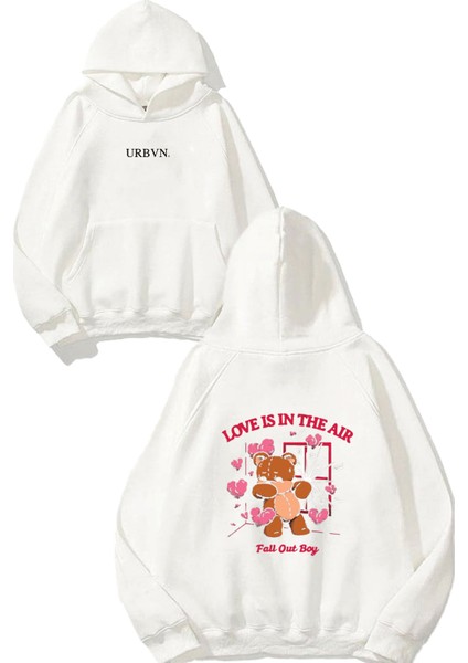 Love Is In The Air Tasarım Baskılı Oversize Beyaz Kapüşonlu Sweatshirt