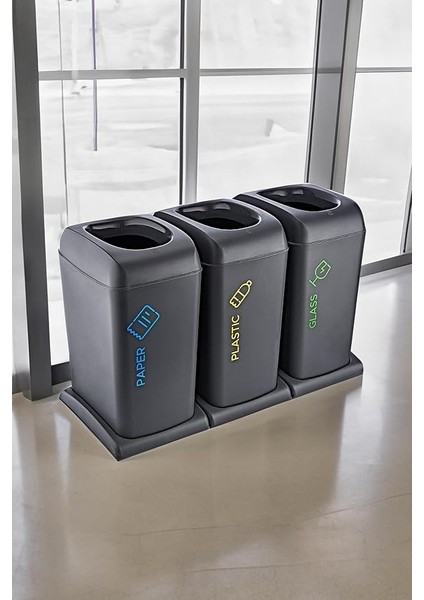 3'li Set Soft Tekerlekli Plastik-Kağıt-Cam Geri Dönüşüm Kutusu 40 Lt