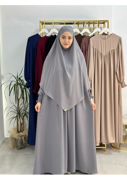 Tesettür Elbise,önü V Model Büzgülü,sufle Esarpla Takım.hijap ,khimar.hac Umre Için Uygundur Gri fiyatları
