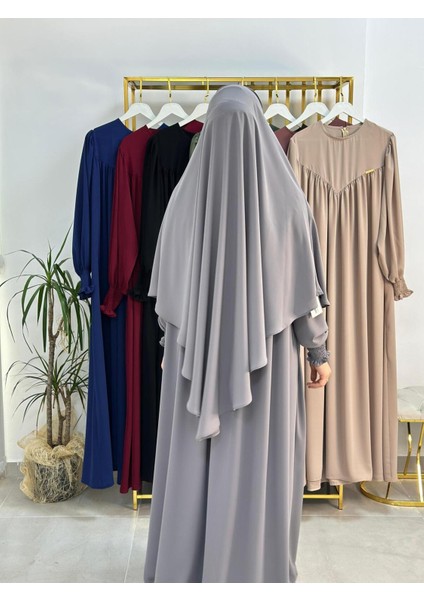 Tesettür Elbise,önü V Model Büzgülü,sufle Esarpla Takım.hijap ,khimar.hac Umre Için Uygundur Gri indirimleri