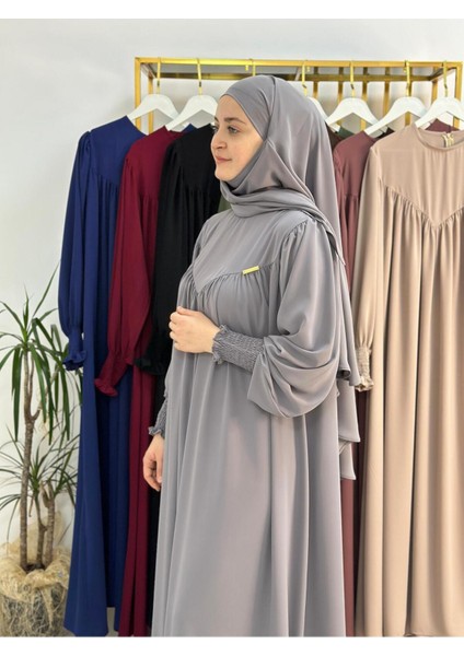 Tesettür Elbise,önü V Model Büzgülü,sufle Esarpla Takım.hijap ,khimar.hac Umre Için Uygundur Gri