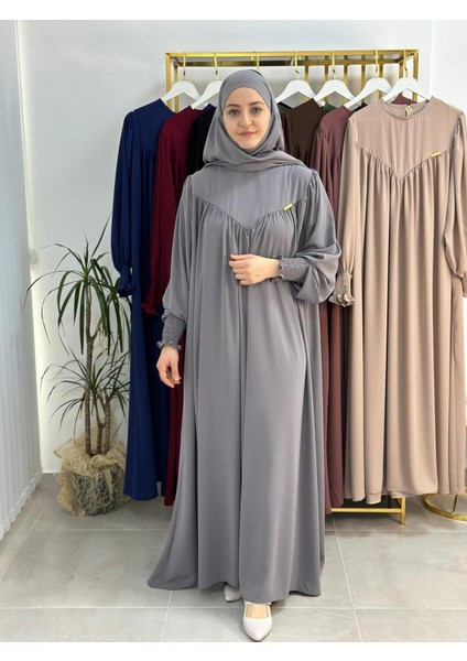 Tesettür Elbise,önü V Model Büzgülü,sufle Esarpla Takım.hijap ,khimar.hac Umre Için Uygundur Gri
