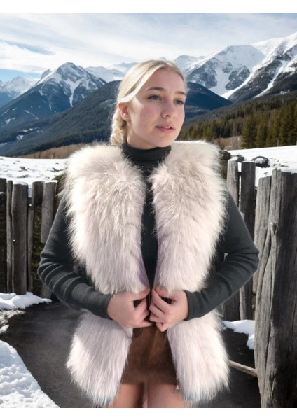 Kadın Fermuarlı Koyun Derisi Tilki Kürkü - Beyaz