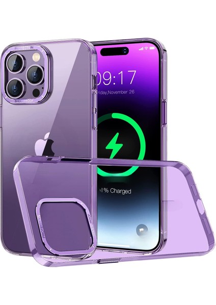 Iphone 14 Pro ile Uyumlu Crystal Clear Ultra Şeffaf Polikarbonat Dış Gövde Kamera Çerçevesi ve Tuşları Metal Sararmayan Premium Sert Kılıf (Derin Mor)