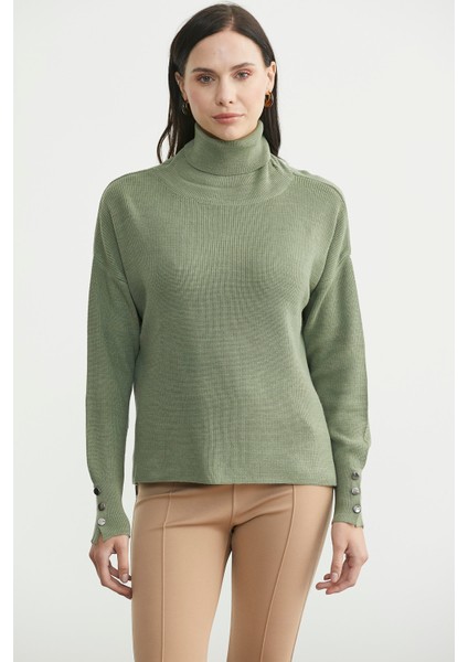 Tam Balıkçı Arkası Uzun Triko Kazak - Çağla Yeşili