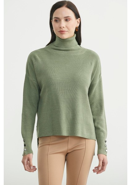 Tam Balıkçı Arkası Uzun Triko Kazak - Çağla Yeşili fiyatları