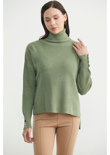 Tam Balıkçı Arkası Uzun Triko Kazak - Çağla Yeşili fırsatları