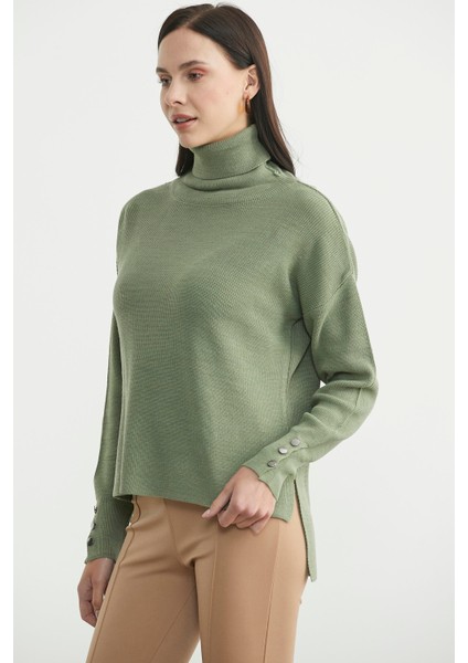 Tam Balıkçı Arkası Uzun Triko Kazak - Çağla Yeşili indirimleri