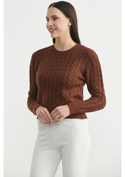 Yumoş Saç Örgü Motifli Triko Kazak - Kahve modelleri