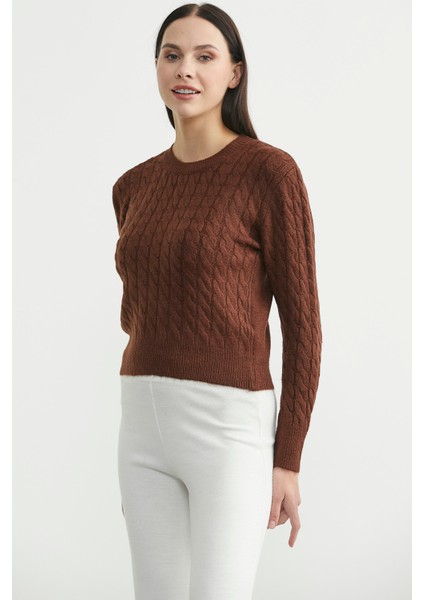 Yumoş Saç Örgü Motifli Triko Kazak - Kahve fırsatları