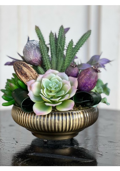 Yapay Sukulentli Küçük Boy Çizgili Yassı Vazo No:1