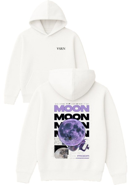 Moon Moon Tasarım Baskılı Oversize Beyaz Kapüşonlu Sweatshirt