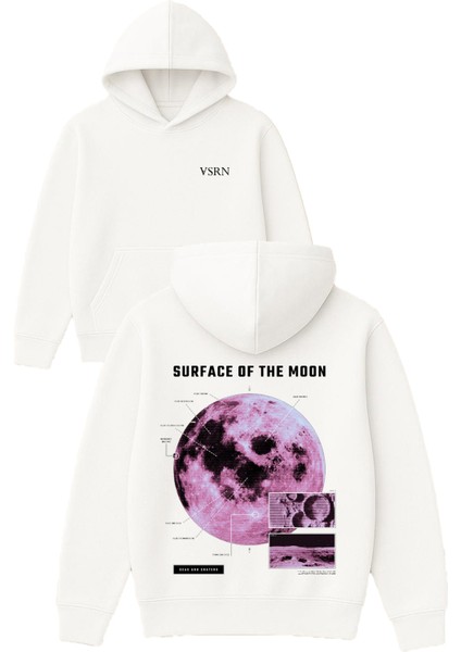 Surface Of The Moon Tasarım Baskılı Oversize Beyaz Kapüşonlu Sweatshirt