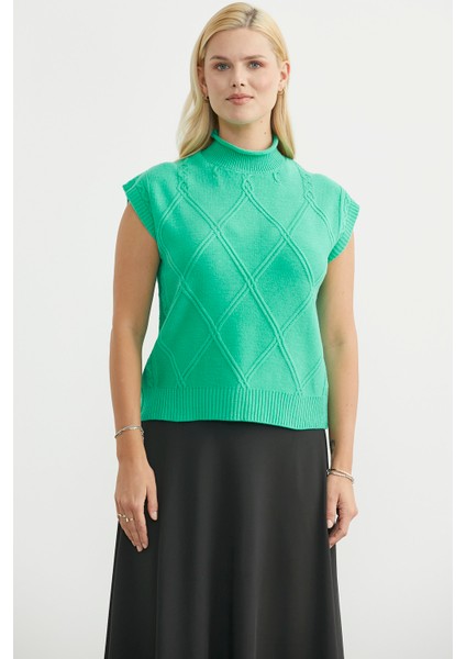 Dik Yaka Kolsuz Triko Süveter - Yeşil
