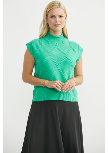 Dik Yaka Kolsuz Triko Süveter - Yeşil modelleri