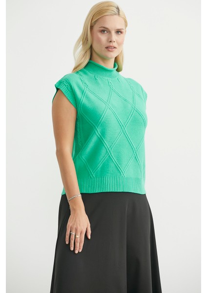 Dik Yaka Kolsuz Triko Süveter - Yeşil fırsatları